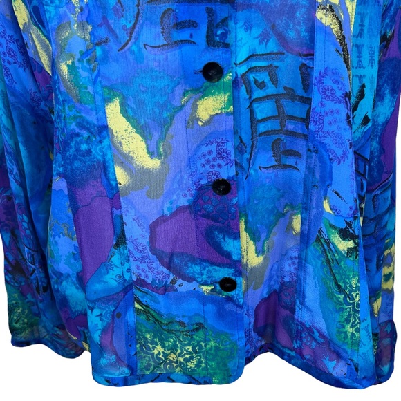 Chico’s Women’s Multi Color Button Front Semi-Sheer Silk Blouse Size 2=XL/16 EUC - Picture 3 of 13